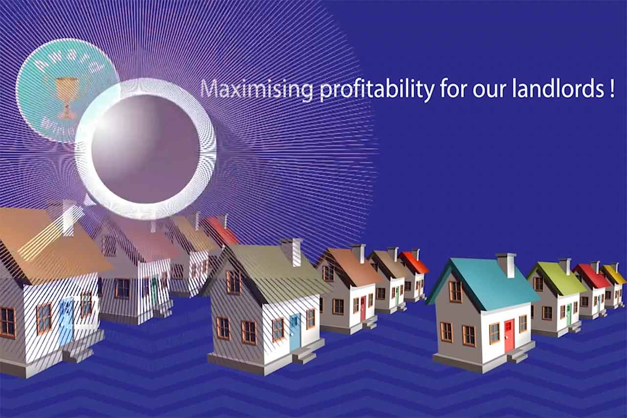 A motion graphics image of properties and text